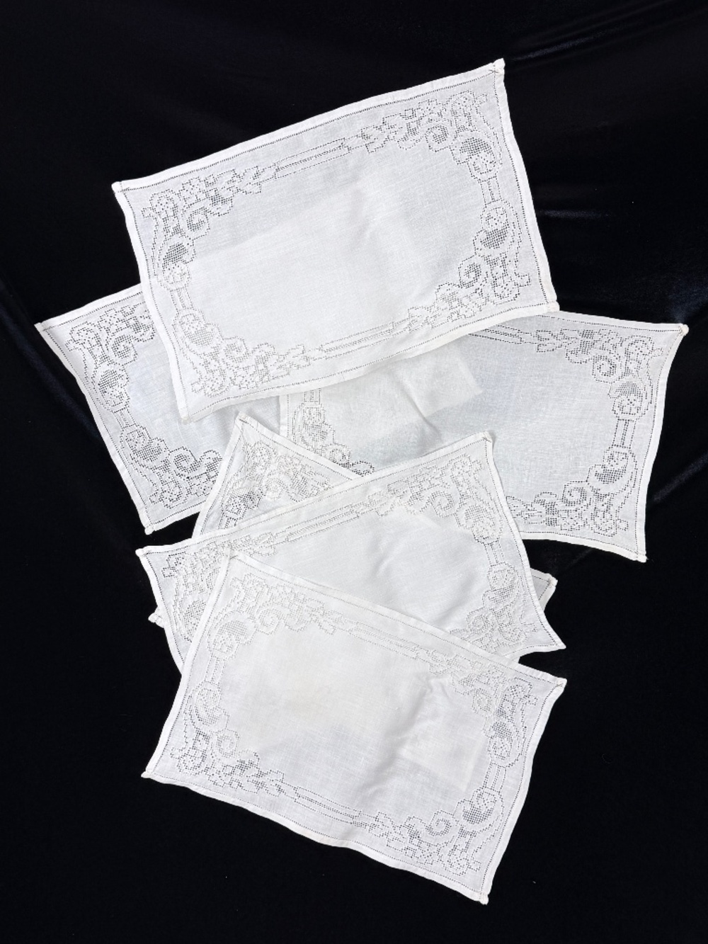 6 Vintage White Linen Placemats w Lots of Cutwork Embroidery 10.5 X 17 inch